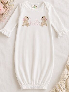 Blanks Boutique Newborn gown Monogrammed “Kate” Pink Golden Retrievers One Size